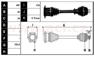 přední poloosa AVORD délka 497mm, 42 drážek u kola, 6 šroubů u převodovky AUT (R7), pro vozidla s ABS, bez ABS kroužku, L=P, repas