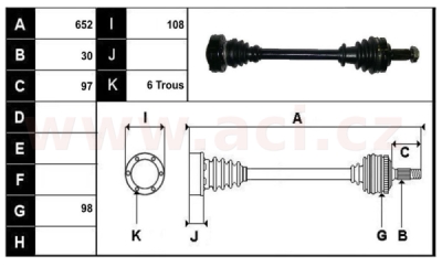 přední poloosa AVORD délka 852mm, 30 drážek u kola, 6 šroubů u převodovky AUT+MAN, pro vozidla s ABS, bez ABS kroužku, L=P, repaso