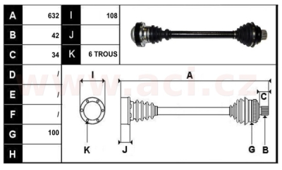 zadní poloosa AVORD délka 632mm, 42 drážek u kola, 6 šroubů u diferenciálu AUT+MAN př. A6/M6/R7, bez ABS kroužku, L=P, repasovaný