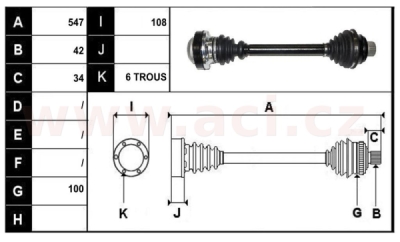 zadní poloosa AVORD délka 547mm, 42 drážek u kola, 6 šroubů u diferenciálu AUT+MAN př. A6/M6/A7, bez ABS kroužku, P, repasovaný or