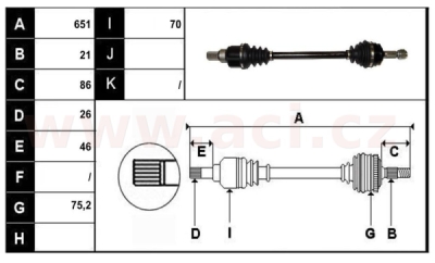 přední poloosa AVORD délka 651mm, 21 drážek u kola, 26 drážek u převodovky AUT A4, bez ABS kroužku, L, repasovaný originál (+vratn
