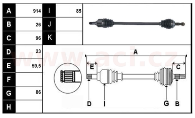 přední poloosa AVORD délka 914mm, 28 drážek u kola, 23 u převodovky MAN, pro vozidla s ABS, kroužek 48z, P, repasovaný orig. (+