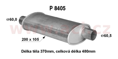 univerzální tlumič plochý (trubka 60 mm, délka 48 cm) (tělo 20x10,5 cm, délka 37 cm) FENNO