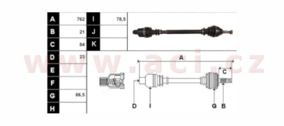 poloosa AVORD délka 762 mm, 21 drážek u kola, 23 drážek u převodovky (převodovka JH1/3), P, repasovaný originál (+vratná část 595K