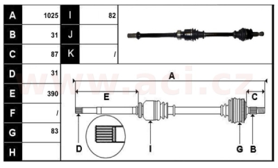 přední poloosa AVORD délka 1025mm, 31 drážek u kola, 31 drážek u převodovky MAN, bez ABS kroužku, P, repasovaný originál (+vratná