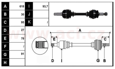 přední poloosa AVORD délka 618mm, 30 drážek u kola, 27 u převodovky MAN (M6), pro vozidla s ABS, bez ABS kroužku, P, repasovaný or