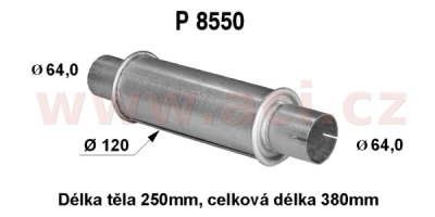 univerzální tlumič kulatý (trubka 64 mm, délka 38 cm) (tělo 12 cm, délka 25 cm) FENNO