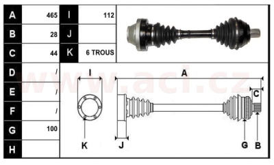 přední poloosa AVORD délka 465mm, 28 drážek u kola, 6 šroubů u převodovky MAN, bez ABS kroužku, L=P, repasovaný originál (+vratná