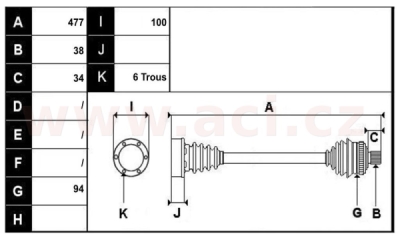 zadní poloosa AVORD délka 477mm, 38 drážek u kola, 6 šroubů u diferenciálu AUT+MAN, vč. ABS kroužku, P, repasovaný originál (+vrat