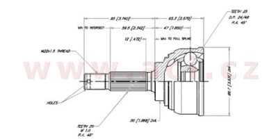 homokinetický kloub u kola průměr 50 mm, 25 vnějších drážek, 25 vnitřních drážek GLO