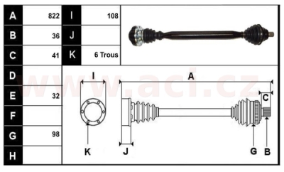 přední poloosa AVORD délka 822mm, 36 drážek u kola, 6 šroubů u převodovky AUT+MAN, bez ABS kroužku, P, repasovaný originál (+vratn