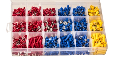 sada izolovaných krimpovacích kabelových ok, konektorů faston, vidliček, a kabelových spojek (1200 ks)