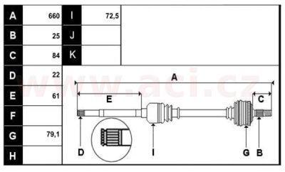 přední poloosa AVORD délka 660mm, 25 drážek u kola, 22 u převodovky MAN, pro vozidla s ABS, bez ABS kroužku, L, repasovaný originá