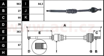 poloosa AVORD délka 963mm, 27 drážek u kola, 26 drážek u převodovky, manuální převodovka,  P, repasovaný originál (+vratná část 59