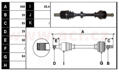 přední poloosa AVORD délka 648mm, 28 drážek u kola, 29 drážek u převodovky MAN, bez ABS kroužku, L, repasovaný originál (+vratná č