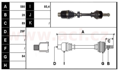 přední poloosa AVORD délka 580mm, 28 drážek u kola, 29 drážek u převodovky MAN, bez ABS kroužku, P, repasovaný originál (+vratná č