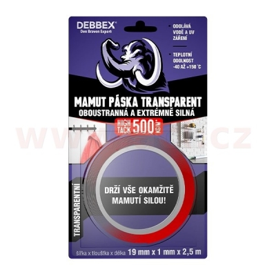 oboustranná a extrémně silná MAMUT PÁSKA TRANSPARENT 19 mm x 1 mm x 2,5 m, DEBBEX