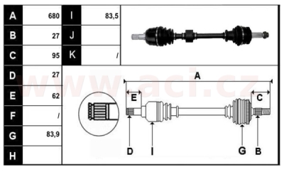 přední poloosa AVORD délka 680mm, 27 drážek u kola, 27 u převodovky MAN (M6), pro vozidla s ABS, kroužek 46z, L, repasovaný origin