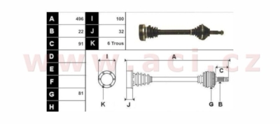 poloosa AVORD délka 496 mm, 22 drážek u kola, 6x M8 průměr 100 mm u převodovky, P, repasovaný originál (+vratná část 595Kč/24€)