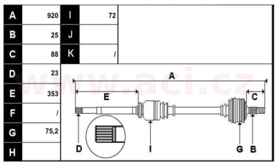přední poloosa AVORD délka 920mm, 25 drážek u kola, 23 drážek u převodovky MAN, bez ABS kroužku, P, repasovaný originál (+vratná č