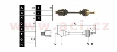 poloosa AVORD délka 610 mm, 28drážek u kola, 27 drážek u převodovky, přední, L, repasovaný originál (+vratná část 595Kč/24€)