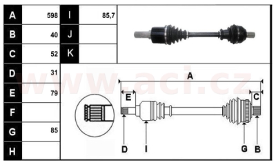 přední poloosa AVORD délka 598mm, 40 drážek u kola, 31 u převodovky MAN (M6), pro vozidla s ABS, bez ABS kroužku, L, repasovaný or
