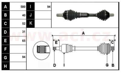 přední poloosa AVORD délka 580mm, 40 drážek u kola, 31 u převodovky MAN, pro vozidla s ABS, bez ABS kroužku, L, repasovaný originá