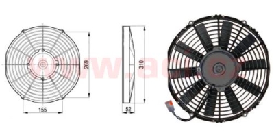 sahara univerzální 12 V, vnější průměr 310 mm, průměr vrtule 280 mm, tloušťka 52 mm, 8,7 A, proud vzduchu 1420 m3/h, výtlak