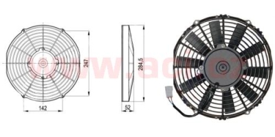 sahara univerzální 12 V, vnější průměr 285 mm, průměr vrtule 255 mm, tloušťka 52 mm, 8,7 A, proud vzduchu 1250 m3/h, sání