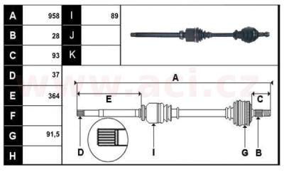 přední poloosa AVORD délka 958mm, 28 drážek u kola, 37 u převodovky AUT, pro vozidla s ABS, bez ABS kroužku, P, repasovaný originá