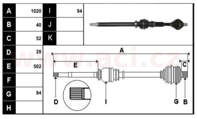 přední poloosa AVORD délka 1020mm, 40 drážek u kola, 28 u převodovky MAN, pro vozidla s ABS, bez ABS kroužku, P, repasovaný origin