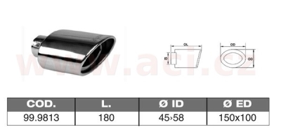 koncovka výfuku nerezová oválná, vnější průměr 150x100mm, délka 180mm, vnitřní průměr 45-58mm ASSO