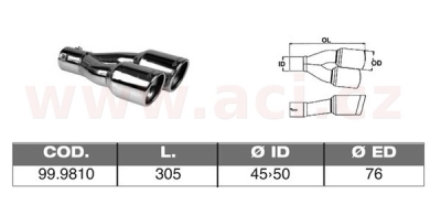 koncovka výfuku nerezová dvojitá kulatá, vnější průměr 2x80mm, délka 305mm, vnitřní průměr 45-50mm ASSO