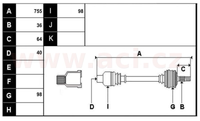 přední poloosa AVORD délka 755mm, 36 drážek u kola, 40 drážek u převodovky AUT, bez ABS kroužku, P, repasovaný originál (+vratná č