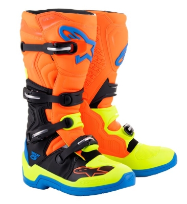 boty TECH 5, ALPINESTARS (oranžová fluo/žlutá fluo/modrá/černá, vel. 38)