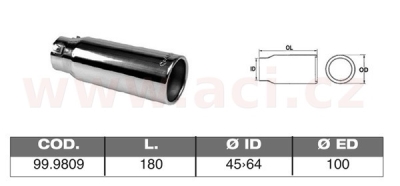 koncovka výfuku nerezová kulatá, vnější průměr 100mm, délka 180mm, vnitřní průměr 45-64mm ASSO