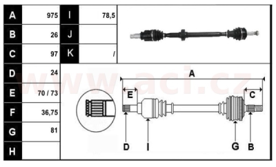 přední poloosa AVORD délka 975mm, 26 drážek u kola, 24 drážek u převodovky AUT, bez ABS kroužku, P, repasovaný originál (+vratná č