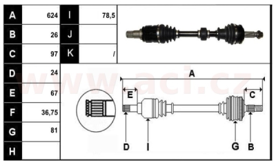 přední poloosa AVORD délka 624mm, 26 drážek u kola, 24 drážek u převodovky AUT, bez ABS kroužku, L, repasovaný originál (+vratná č