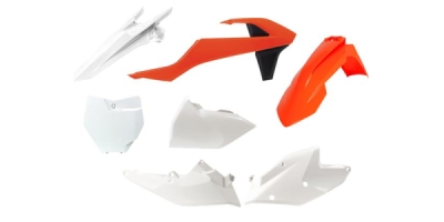sada plastů KTM, RTECH (oranžovo-bílé, 6 dílů, vč. levého krytu vzduch filtru)