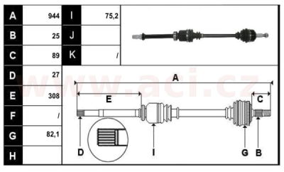 přední poloosa AVORD délka 944mm, 25 drážek u kola, 27 drážek u převodovky AUT, bez ABS kroužku, P, repasovaný originál (+vratná č