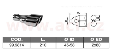 koncovka výfuku nerezová dvojitá kulatá, vnější průměr 2x80mm, délka 210mm, vnitřní průměr 45-58mm ASSO
