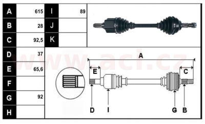 přední poloosa AVORD délka 615mm, 28 drážek u kola, 37 u převodovky AUT, pro vozidla s ABS, bez ABS kroužku, L, repasovaný originá