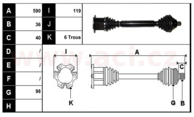 přední poloosa AVORD délka 590mm, 36 drážek u kola, 6 šroubů u převodovky AUT, bez ABS kroužku, P, repasovaný originál (+vratná čá