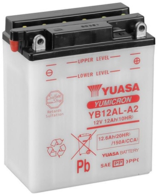 motobaterie 12V, YB12AL-A2, 12,6Ah, 150A, konvenční YUMICRON 134x80x160, YUASA originál (vč. balení elektrolytu)