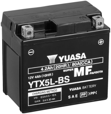 motobaterie 12V, YTX5L-BS, 4,2Ah, 80A, bezúdržbová MF AGM 115x72x107, YUASA originál (vč. balení elektrolytu)