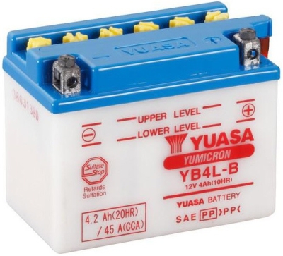 motobaterie 12V, YB4L-B, 4,2Ah, 45A, konvenční YUMICRON 121x71x93, YUASA originál (vč. balení elektrolytu)