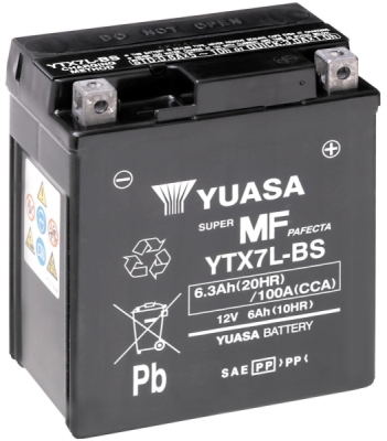 motobaterie 12V, YTX7L-BS, 6,3Ah, 100A, bezúdržbová MF AGM 115x72x132, YUASA originál (vč. balení elektrolytu)
