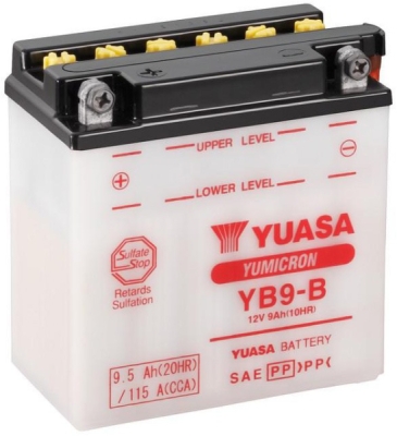 motobaterie 12V, YB9-B, 9,5Ah, 115A, konvenční YUMICRON 137x77x141, YUASA originál (suchá-nenaplněná, bez elektrolytu)