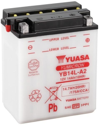 motobaterie 12V, YB14L-A2, 14,7Ah, 175A, konvenční YUMICRON 136x91x168, YUASA originál (vč. balení elektrolytu)