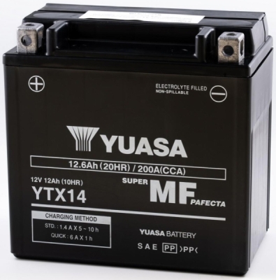 motobaterie 12V, YTX14, 12,6Ah, 200A, bezúdržbová MF AGM 150x87x145, YUASA originál (aktivovaná ve výrobě)